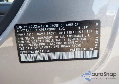 2013 Volkswagen Passat 2.5L Sel from USA, damaged, VIN 1VWCP7A36DC091352